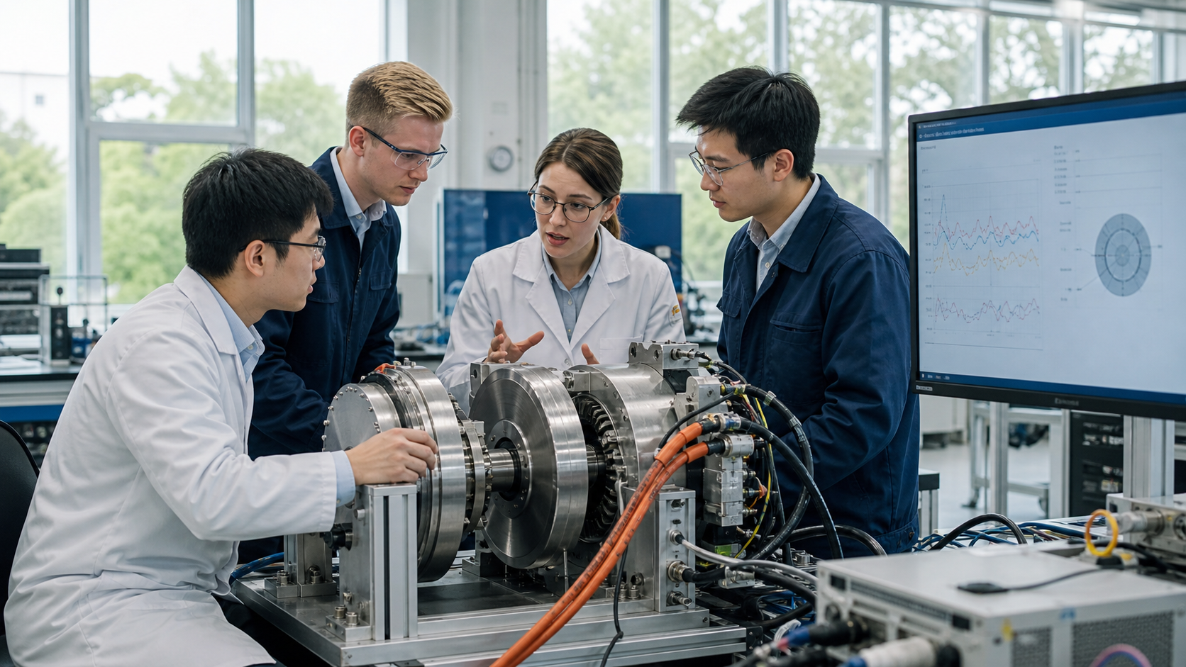 University and industry engineers collaborating in an axial motor laboratory