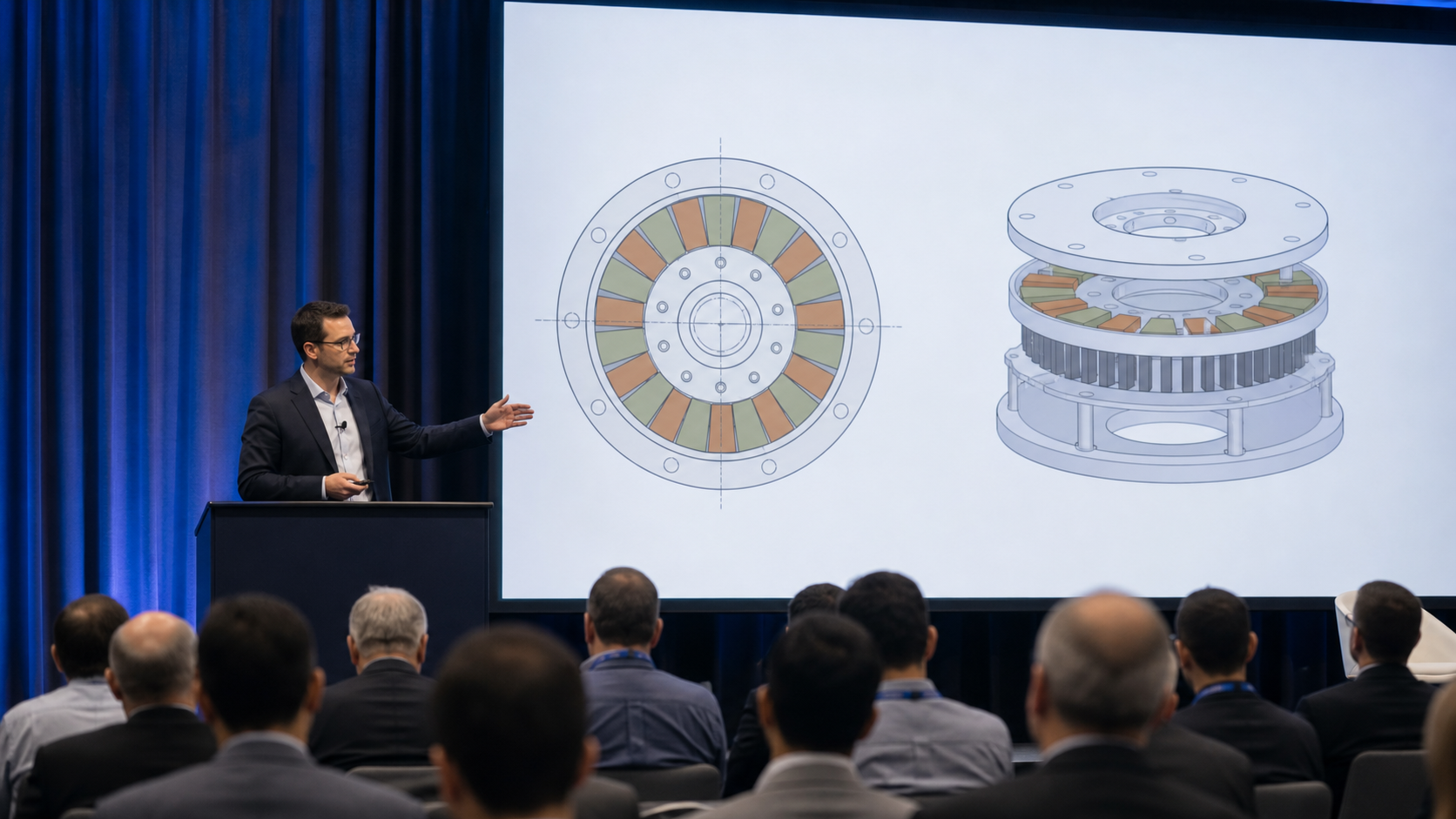 Engineer presenting an axial flux motor keynote
