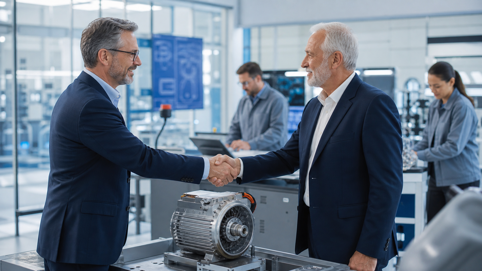 Industry partners discussing an electric motor project